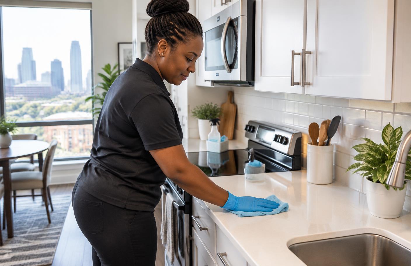 A professional cleaner carefully resetting a bright apartment kitchen.